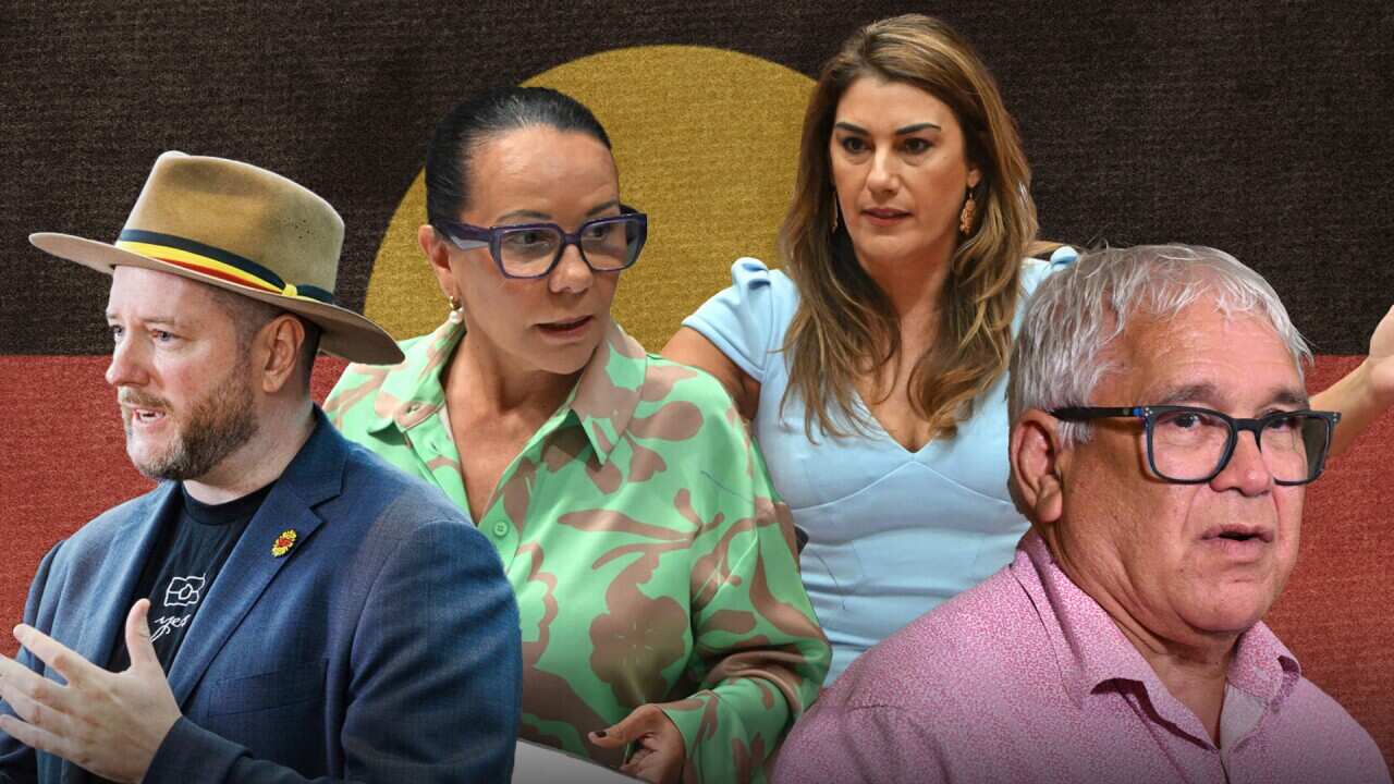 a composite picture of marcus stewart, linda burney, lidia thorpe and mick gooda against a backdrop of an aboriginal flag. 