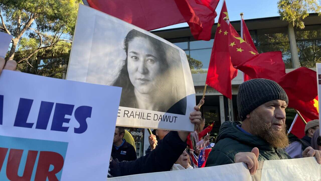 Protesters holding signs and waving Chinese flags