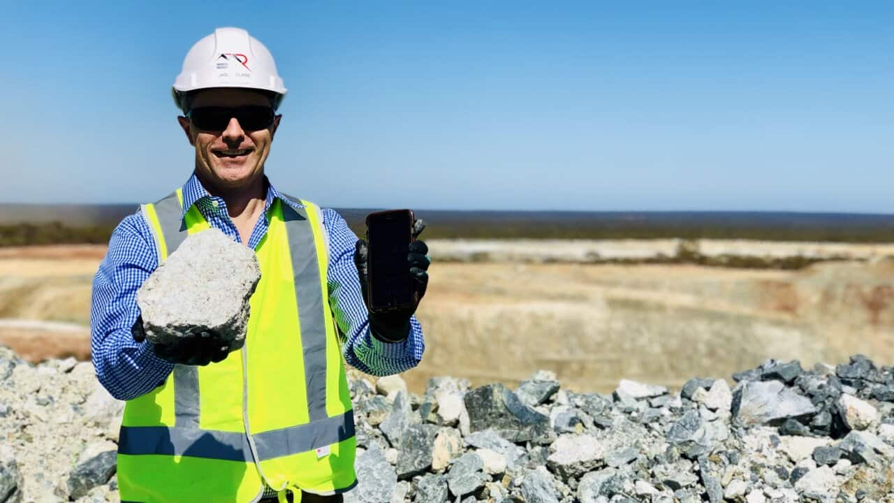 Labor’s Resources spokesperson Jason Clare at the Mt Marion Lithium mine near Kalgoorlie in WA. Mobile phone batteries are made from lithium.