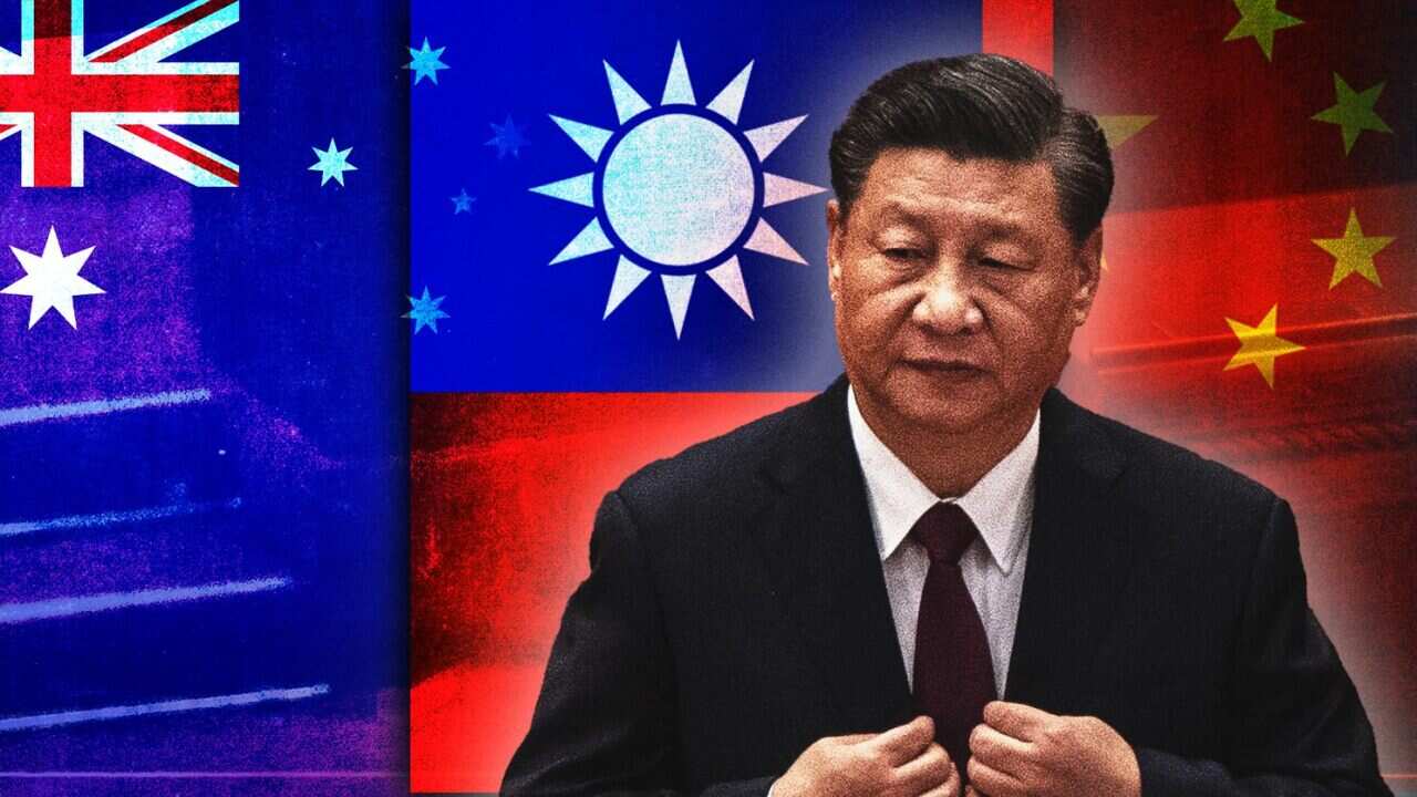 Chinese President Xi Jinping pictured with the flags of Australia, Taiwan and China in the background. 