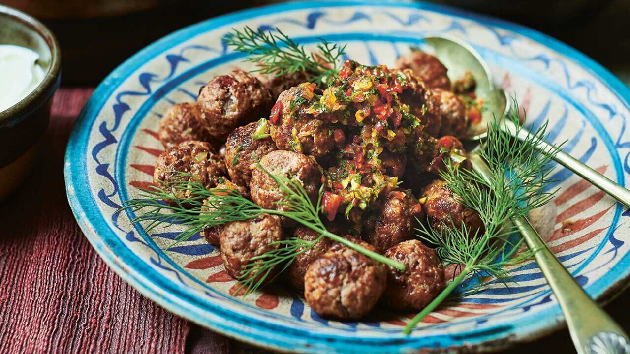 Spicy meatballs with adjika and yoghurt