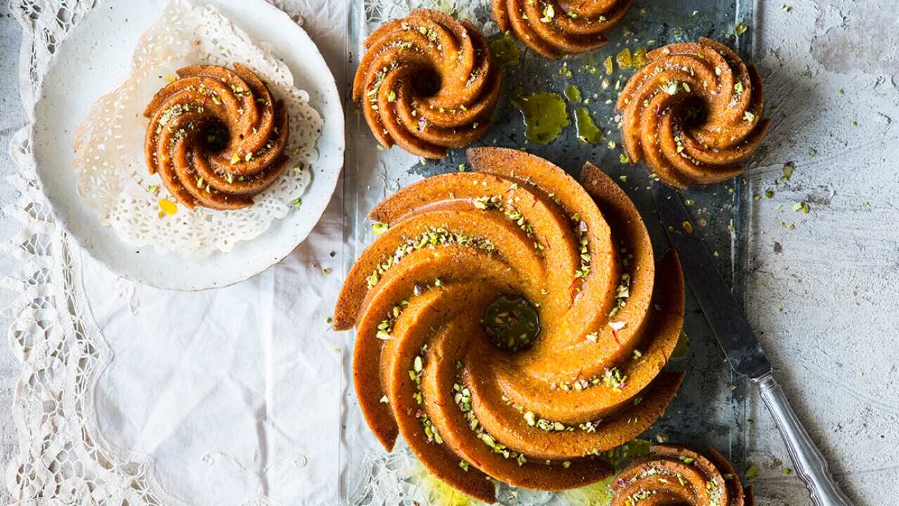 Orange and pistachio bundt cake with saffron syrup