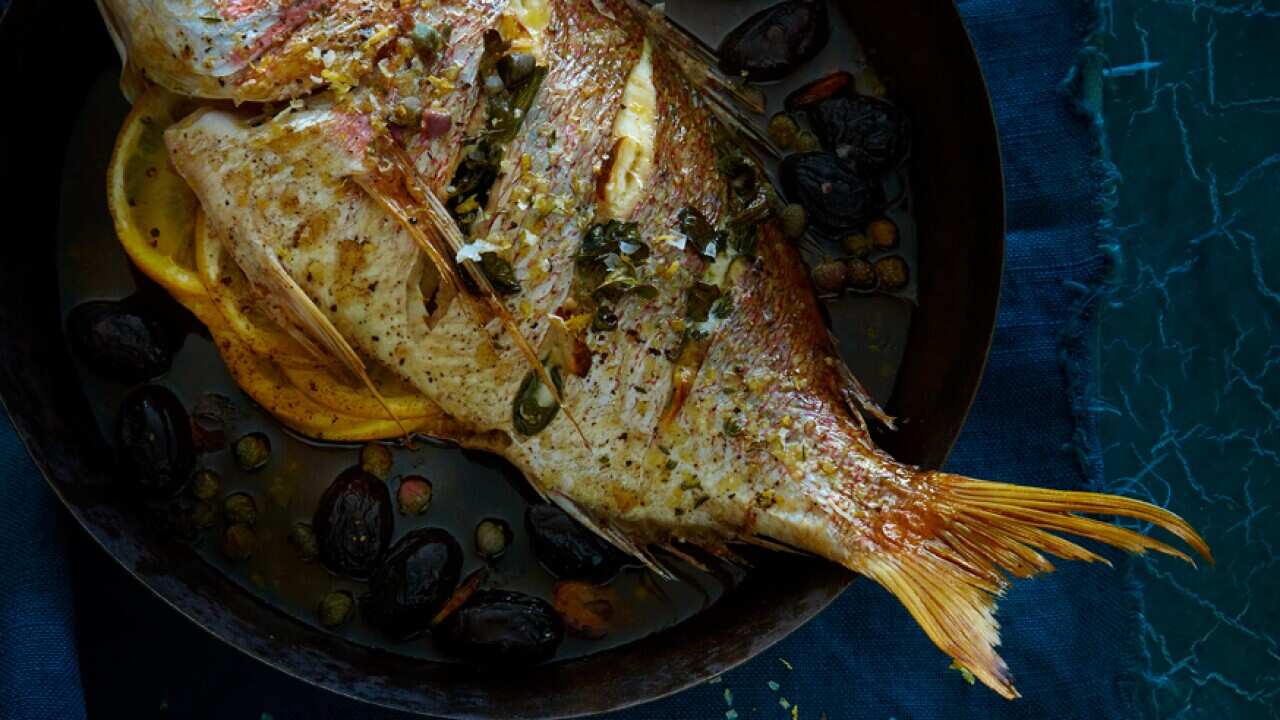 Baked whole snapper