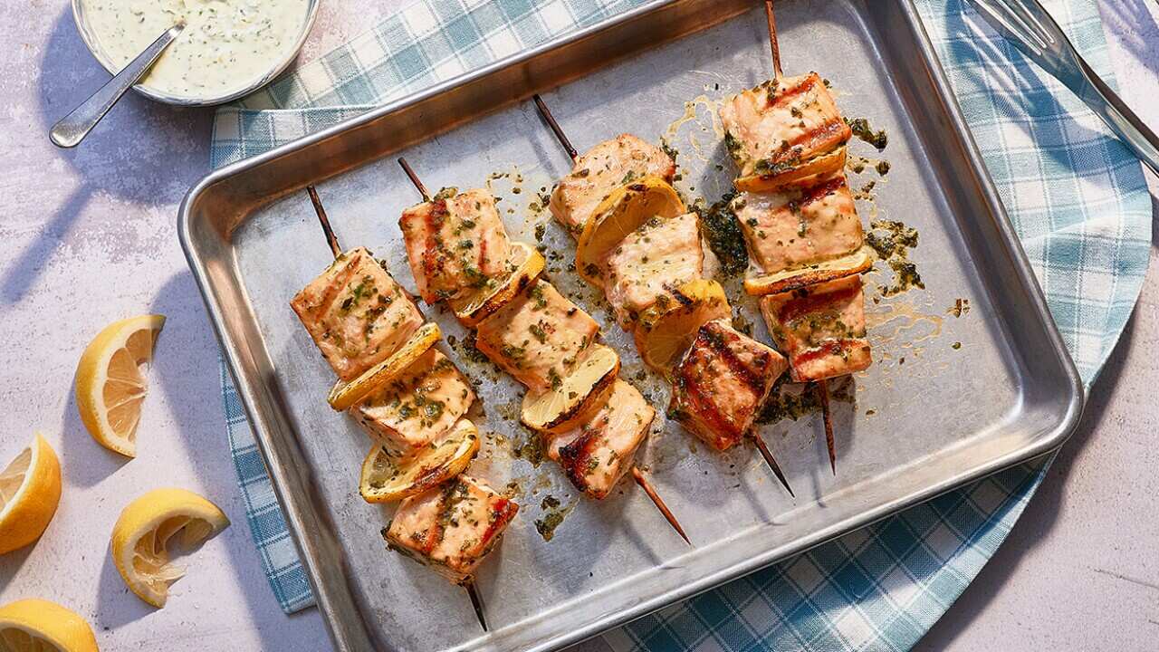 Herby miso grilled salmon skewers 