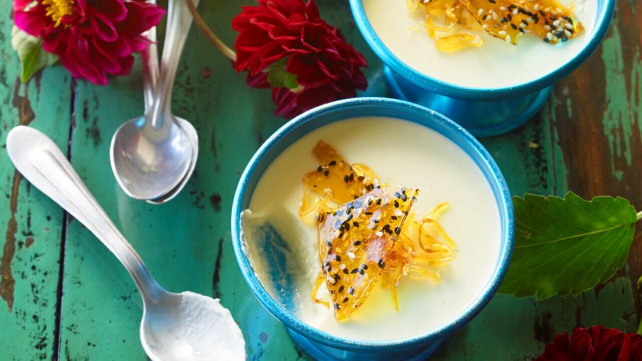 Almond milk puddings with sesame praline