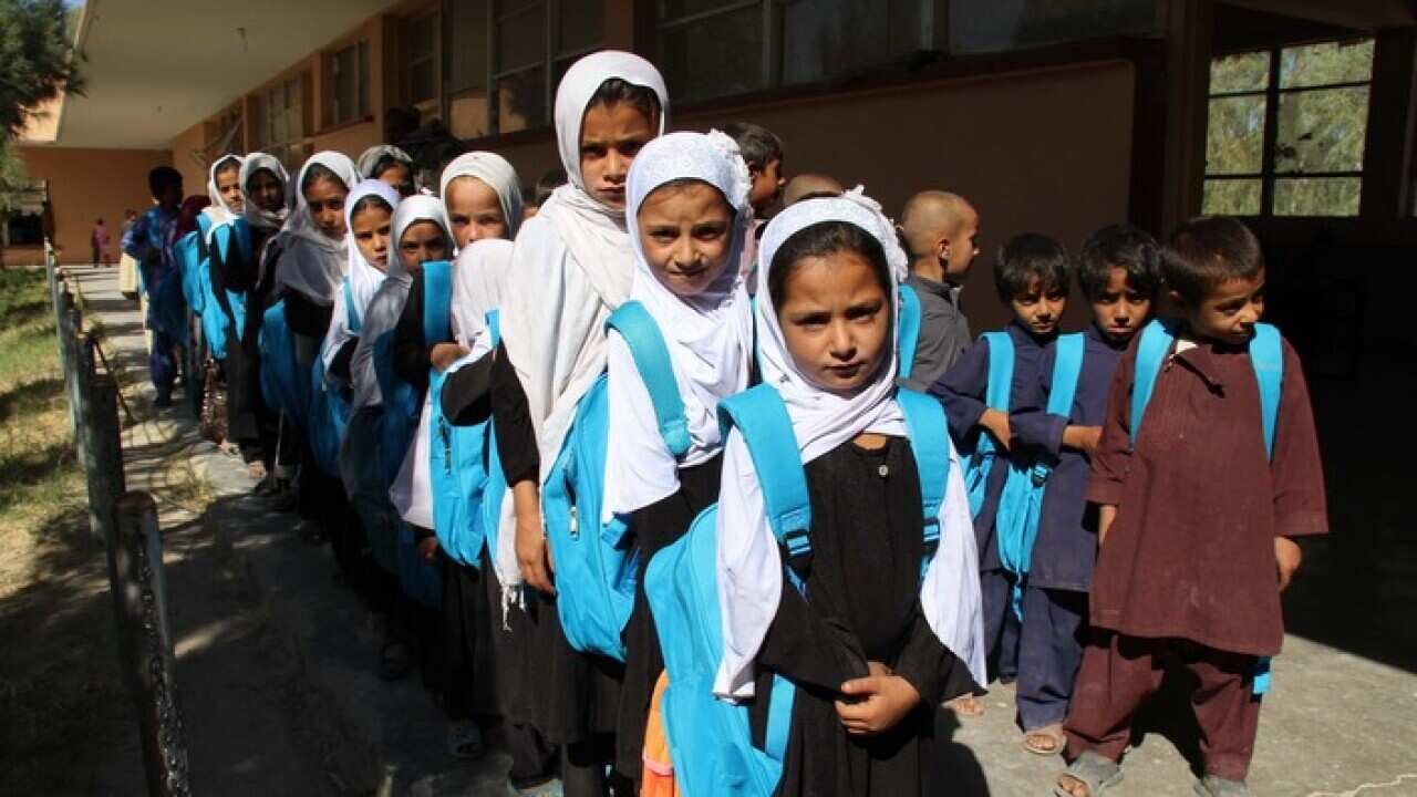 Afghan school children receive school bags and books distributed by the UNICEF in Helmand, Afghanistan