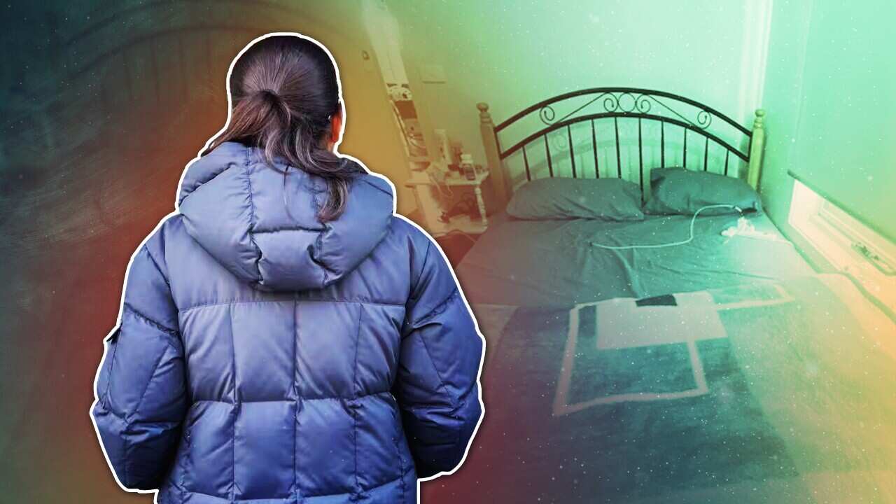 A composite image of the back of a woman in a coat and a bed