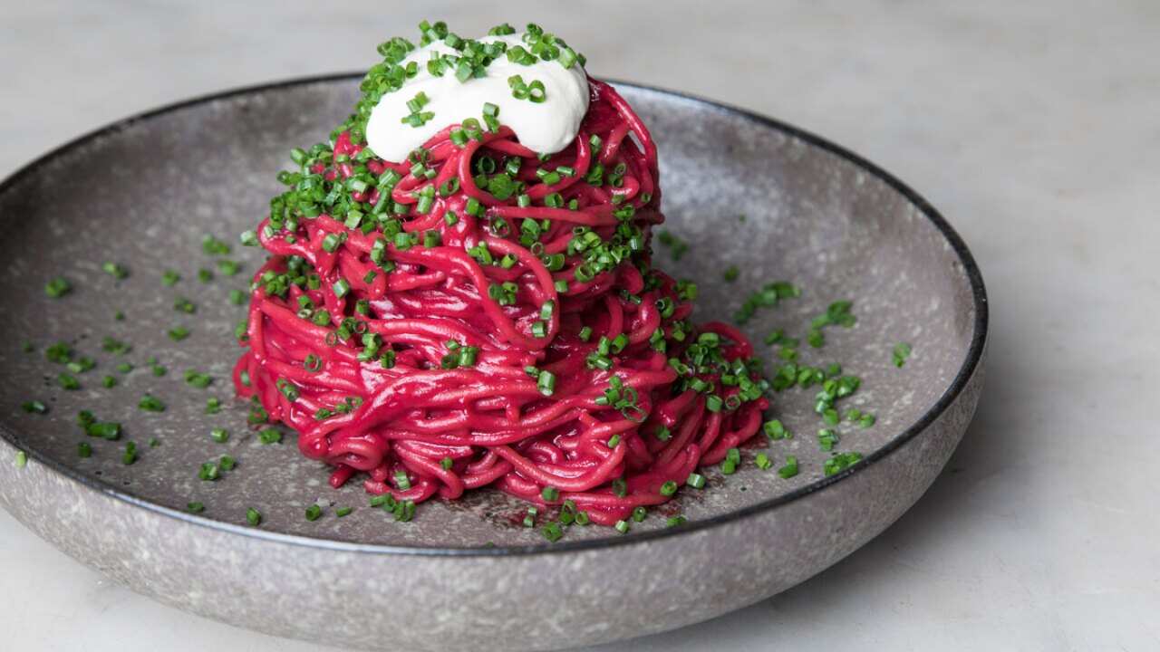 Beetroot spaghetti with truffle and cashew creme fraiche at Mark and Vinny's.