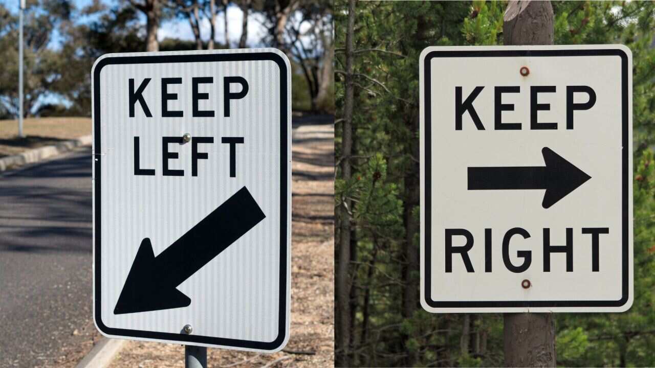 Two images, one of a 'keep left' road sign, the other a 'keep right' road sign.