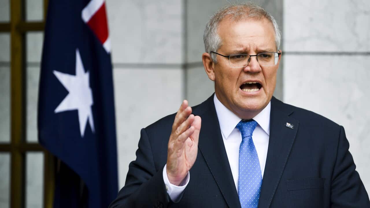 Australian Prime Minister Scott Morrison speaks to the media during a press conference following a national cabinet meeting, at Parliament House in Canberra, Friday, July 2, 2021. (AAP Image/Lukas Coch) NO ARCHIVING