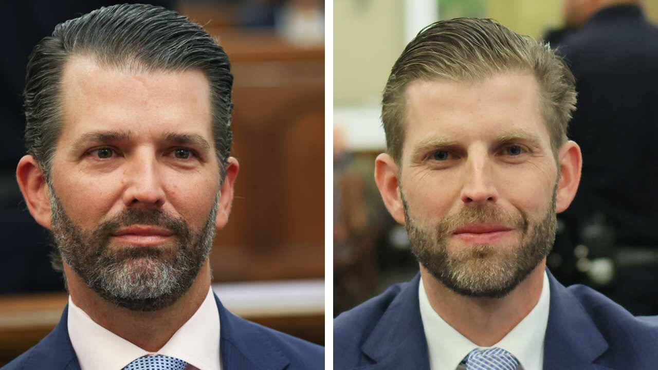 A composite image of two men in navy suits and white shirts in a courtroom