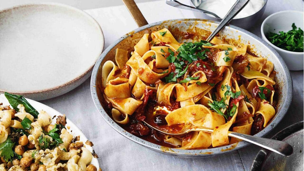 Pappardelle with rose harissa, black olives and capers