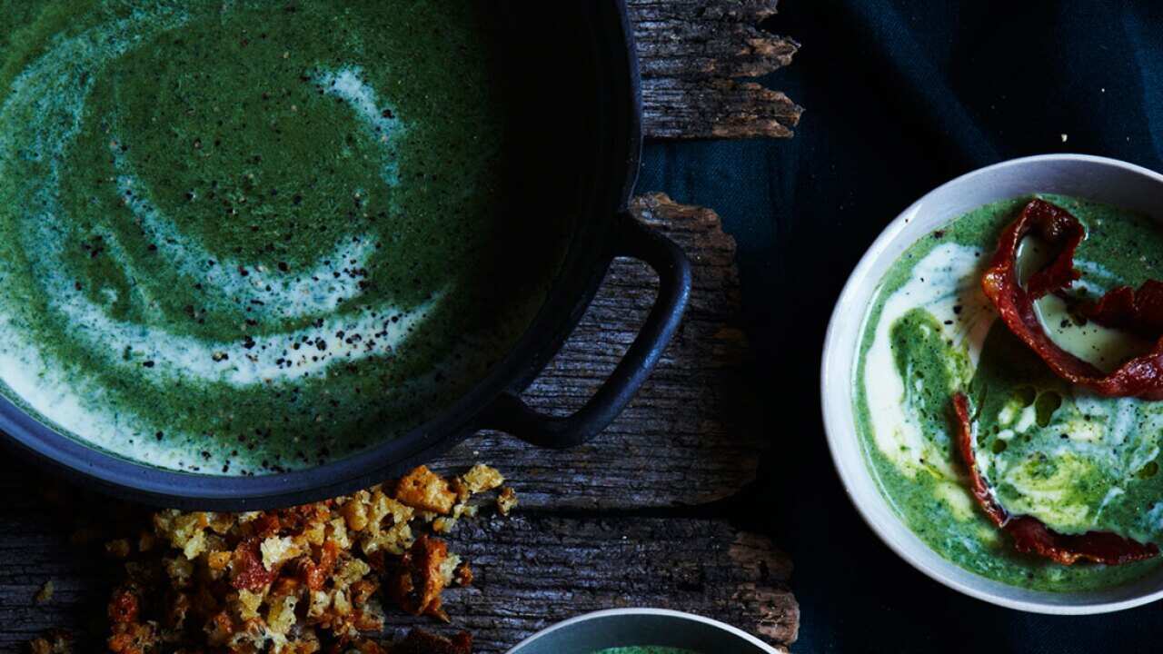 Spinach soup with crispy prosciutto and toasted sourdough crumbs