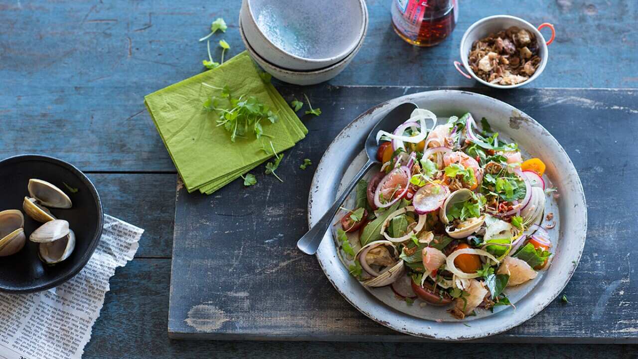 Arctic surf clams, pomelo, fennel and Vietnamese herb salad