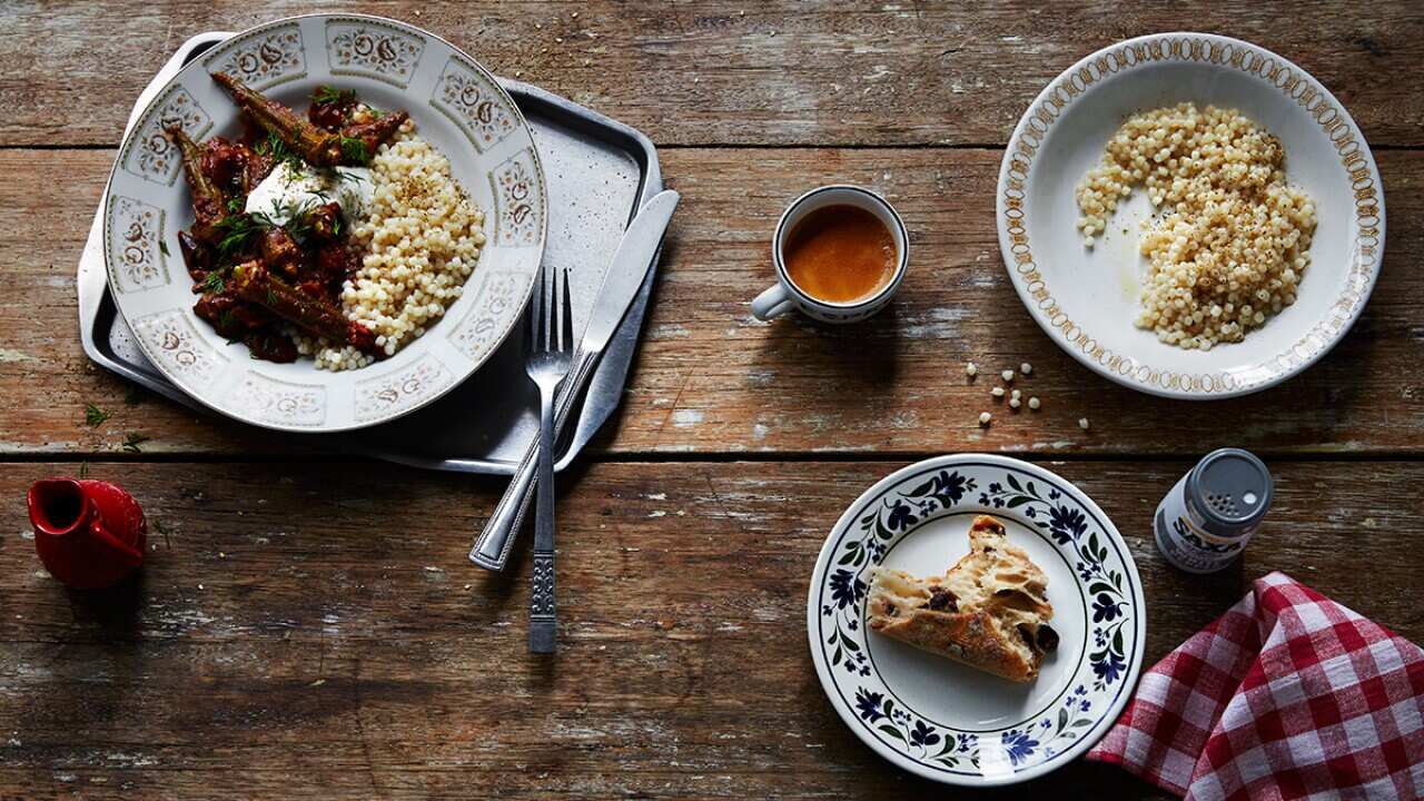 Za'atar and tomato braised okra with Isreali couscous