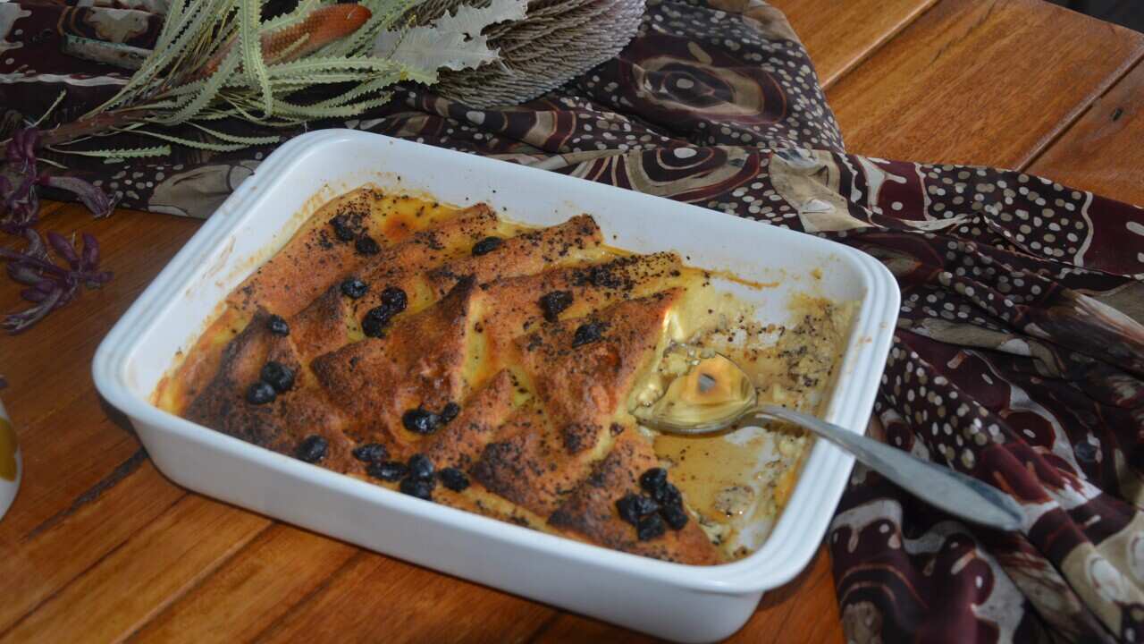 Wattleseed bread and butter pudding