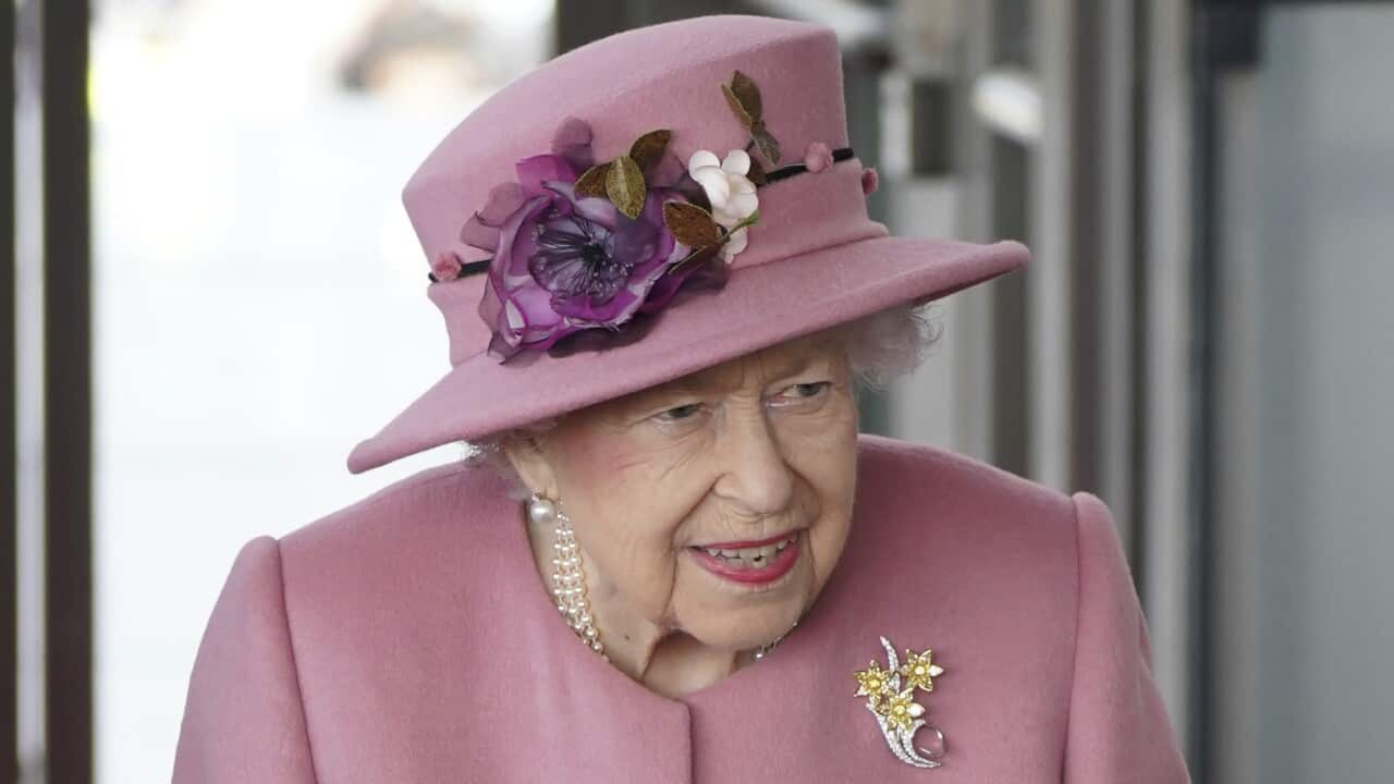 Britain's Queen Elizabeth II attends the opening ceremony of the sixth session of the Senedd in Cardiff, Wales, Thursday Oct. 14, 2021. (Jacob King/PA via AP)