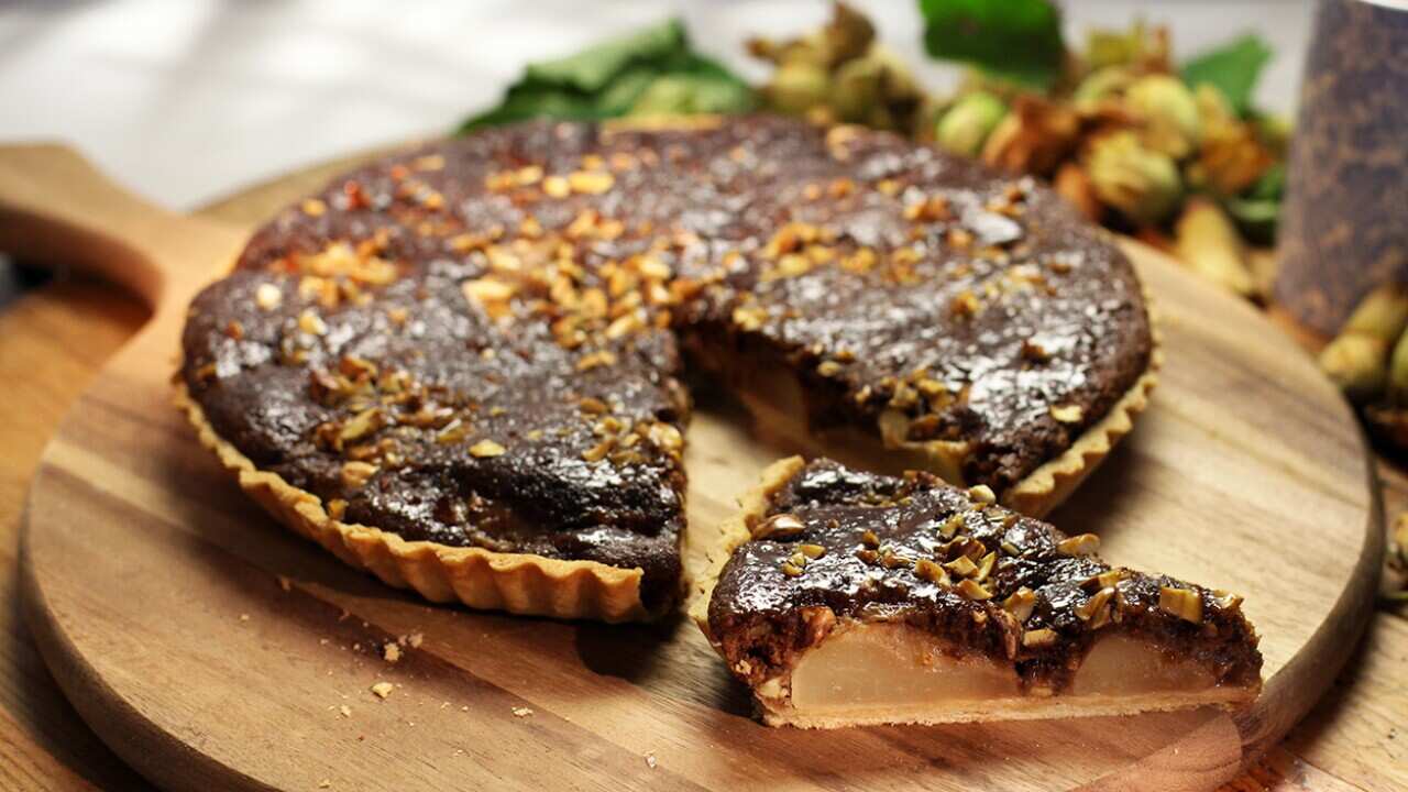 Nut, pear and sticky toffee tart