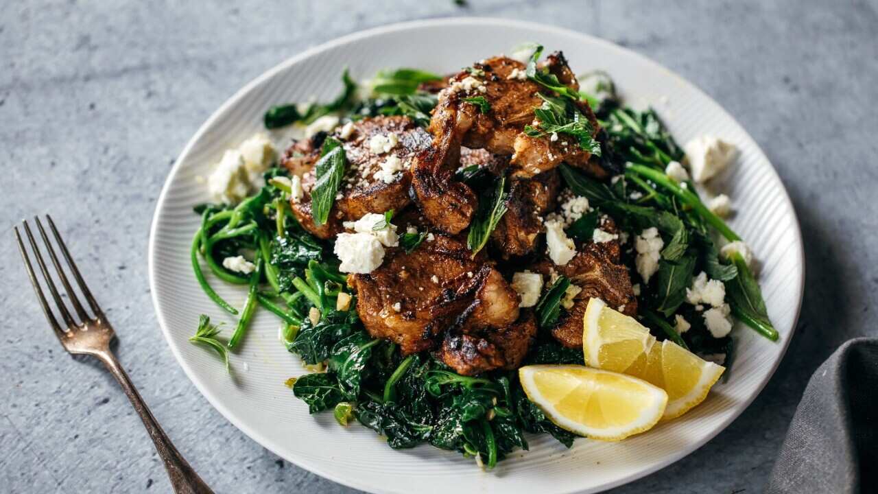 Cinnamon myrtle lamb chops with greens and feta