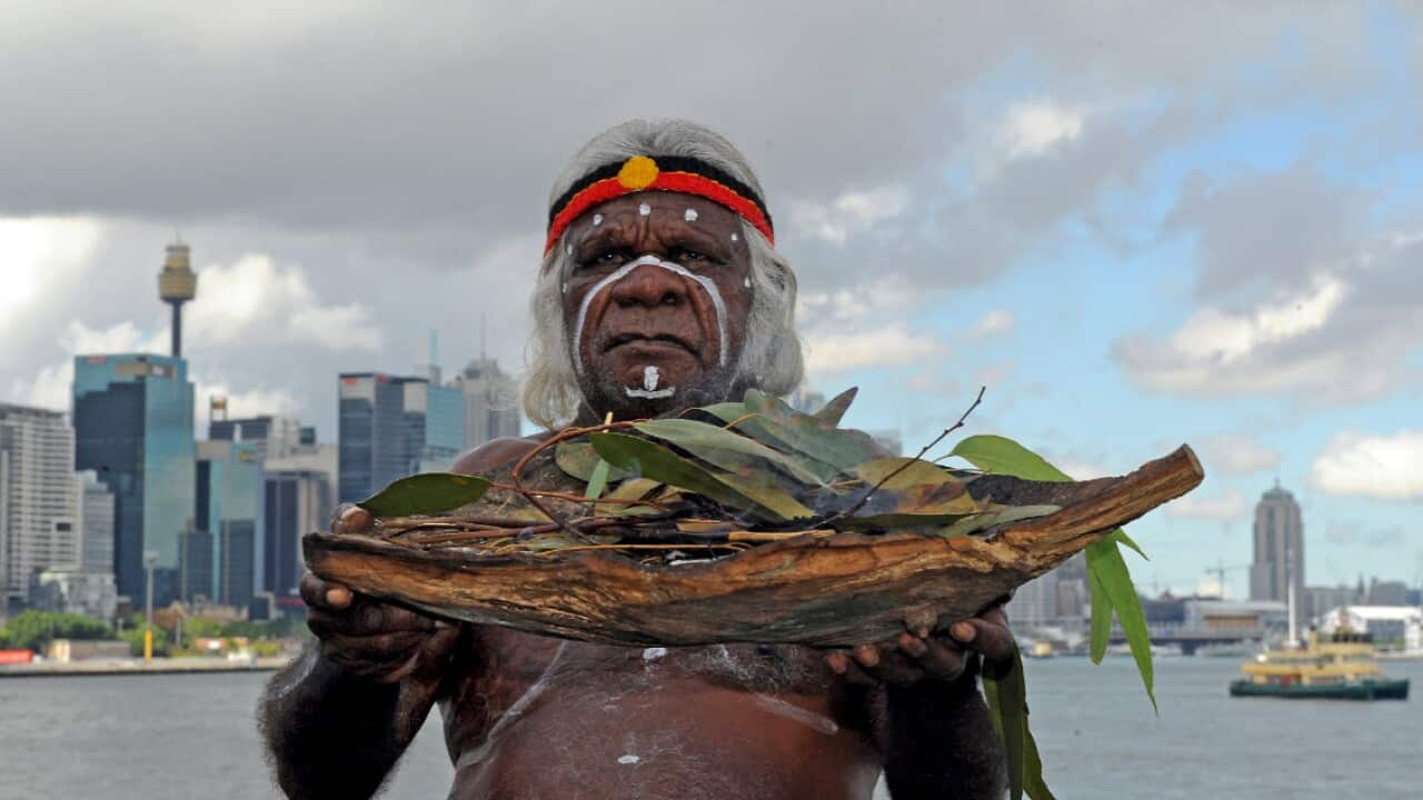 Budgeoli elder Max Eulo performing ceremony on Goat Island, April 2010, marking the first time in 200 years that Traditional Owners returned to the island.