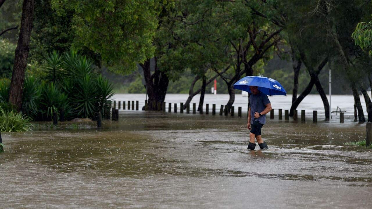 A member of the public walks through floodwater after the Georges River burst its banks in Picnic Point south-west of Sydney, Tuesday, March 8, 2022.