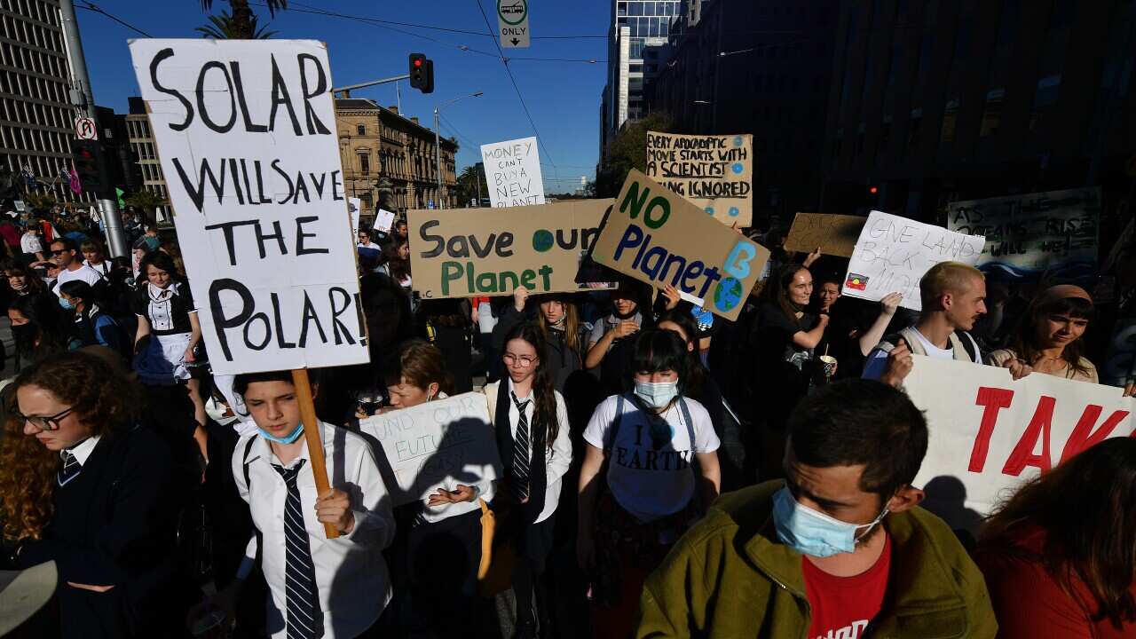 Protesters during the School Strike 4 Life protest in Melbourne, Friday, 21 May, 2021. 