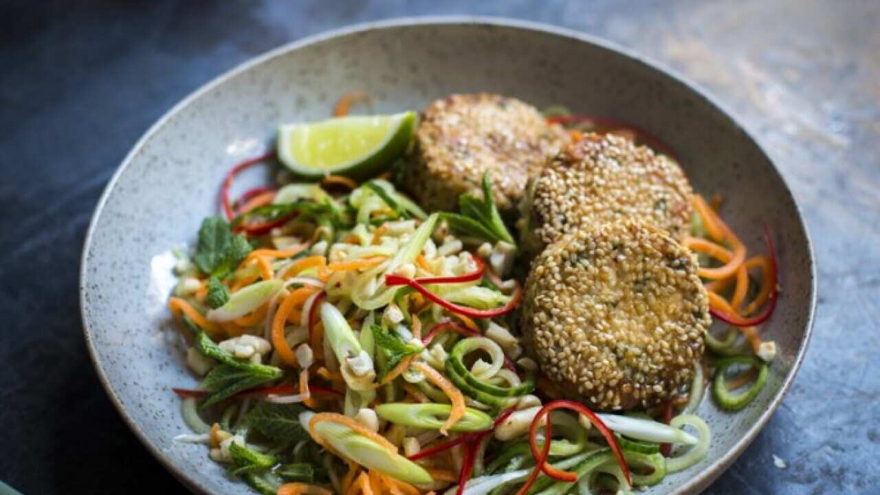 Sesame fishcakes with Thai salad