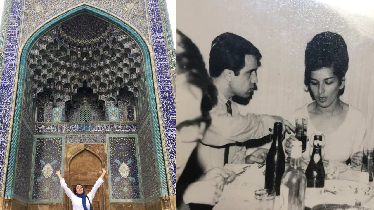 Maya in Iran in 2019 (L) and her grandparents  Fozieh and Ali in the 1960s.