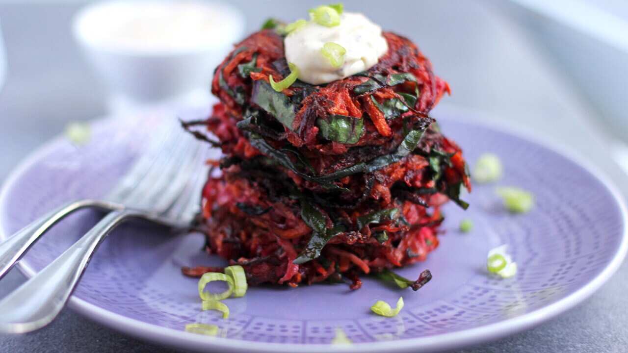 Confetti latkes with harissa sour cream