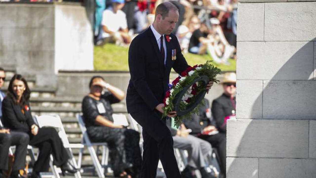 Britain's Prince William lays a wreath during an Anzac Day service in Auckland, New Zealand.