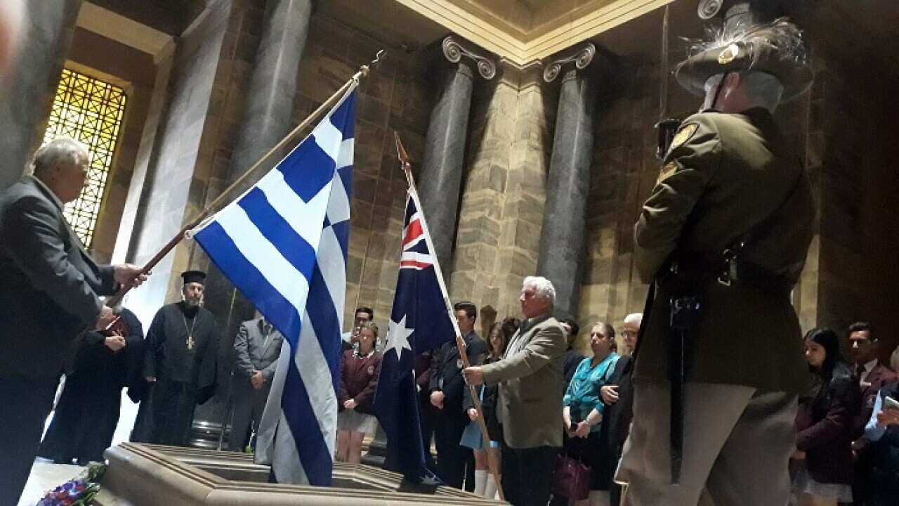 The Greek and the Australian flags, at the Shrine of Remembrance Cenotaph. 