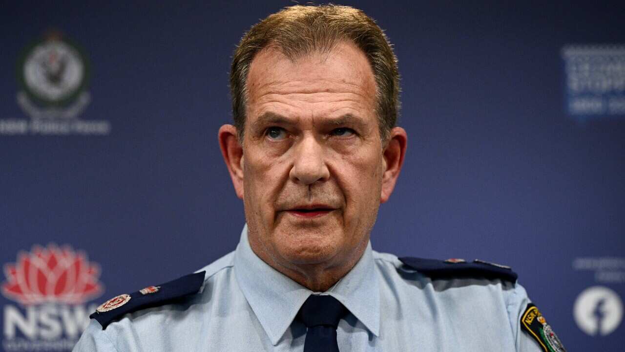 A person in a police uniform speaking in front of a NSW Police and NSW government logos.