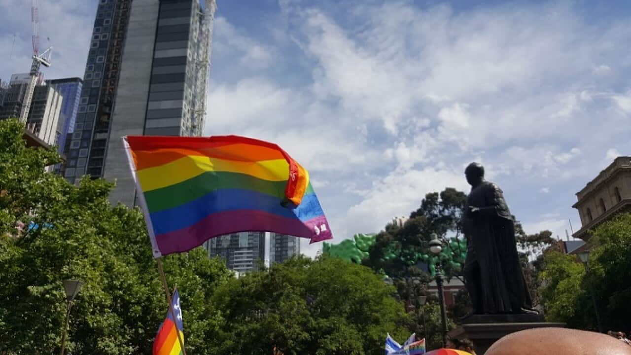 The Rainbow Flag flies proundly in front of the State Library of Victoria in Melbourne