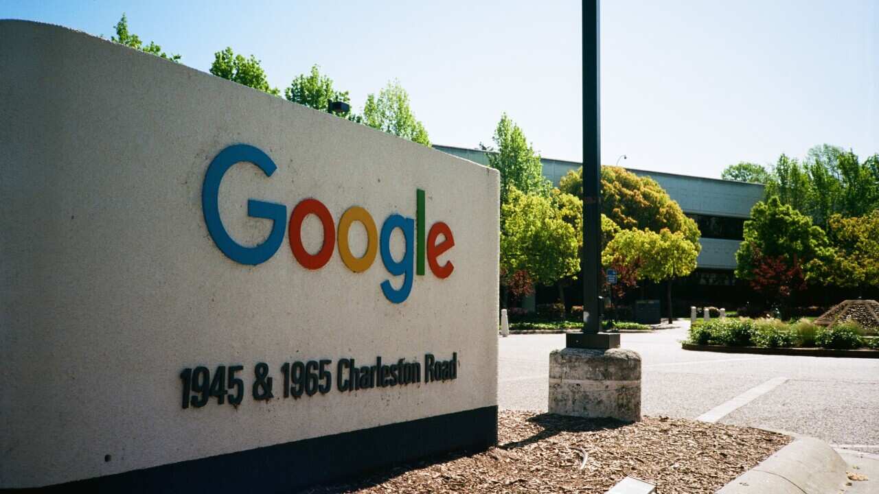 Close-up of sign and logo at the Googleplex, the Silicon Valley headquarters in California, April 14, 2018. 