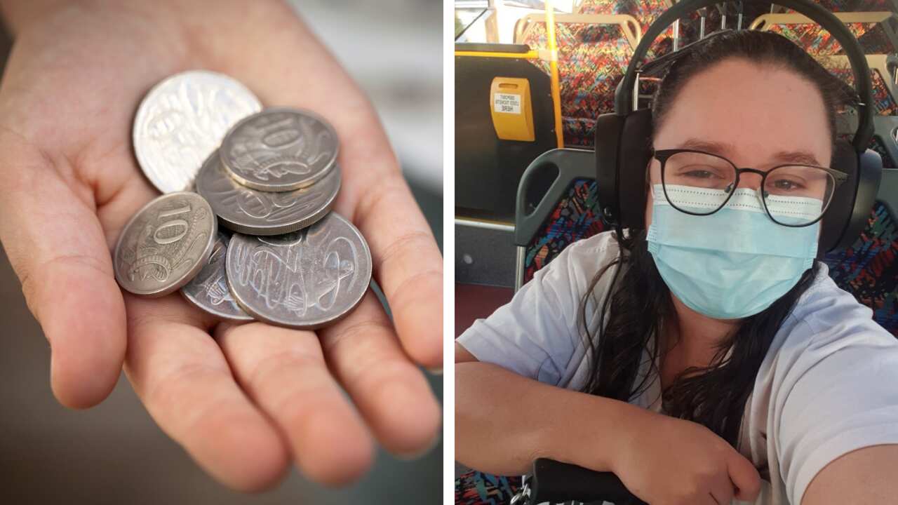 A composite image of a hand holding silver coins and a woman wearing a mask on a bus