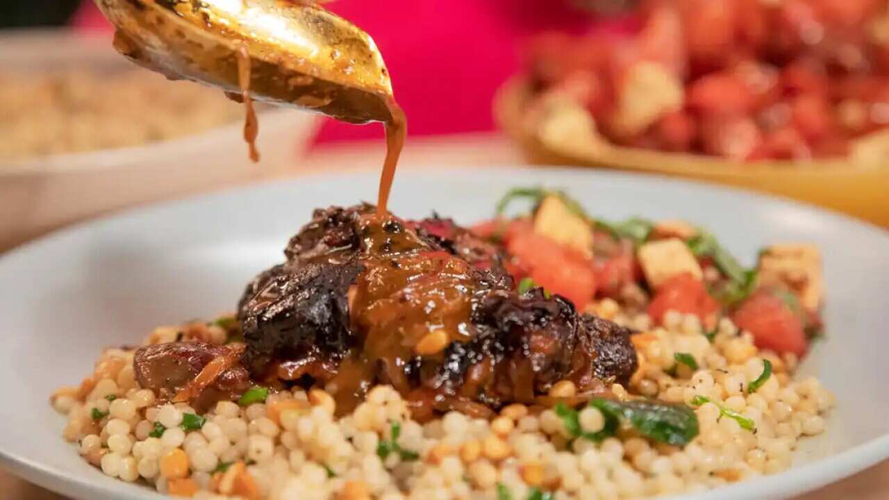 Apple Cider Braised Lamb Shank, Lemon Spinach Israeli Couscous, Watermelon Feta Salad 