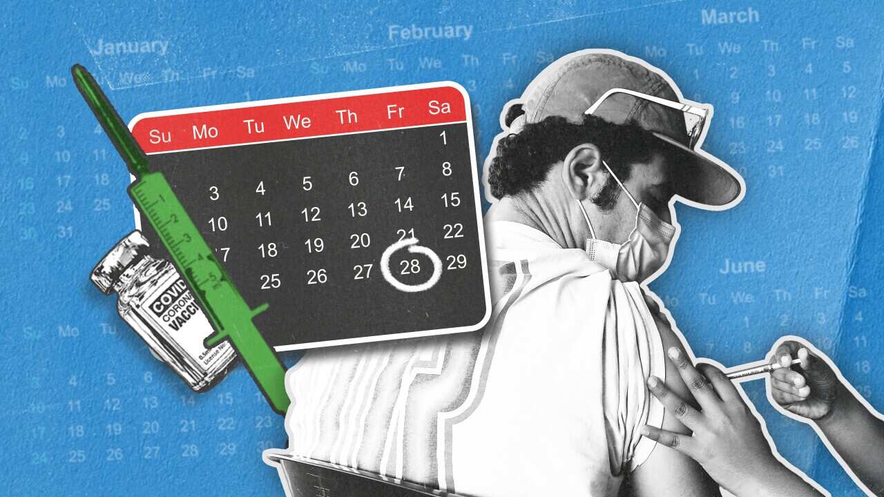 Artwork shows calender with date circled and a man being vaccination