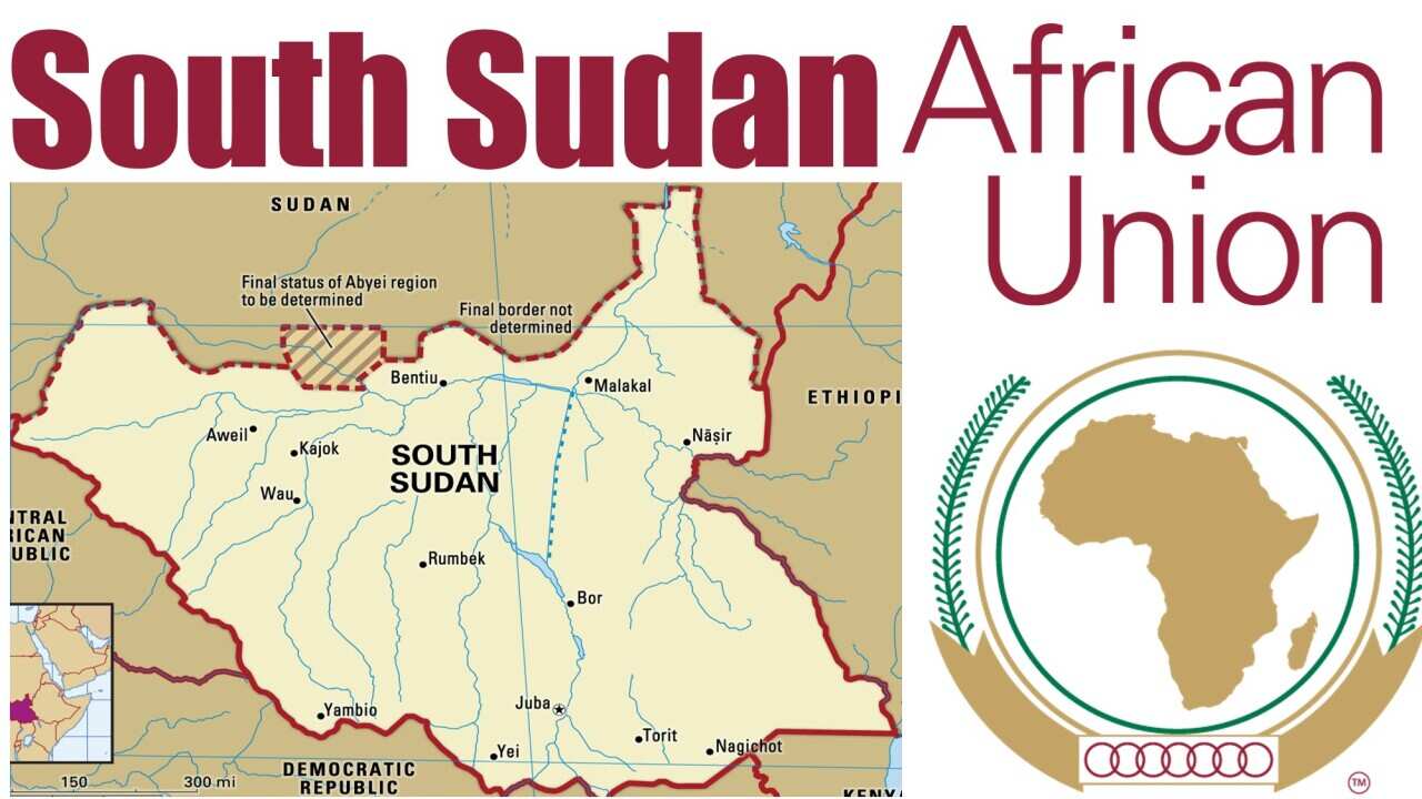 The logo of African Union and South Sudan map