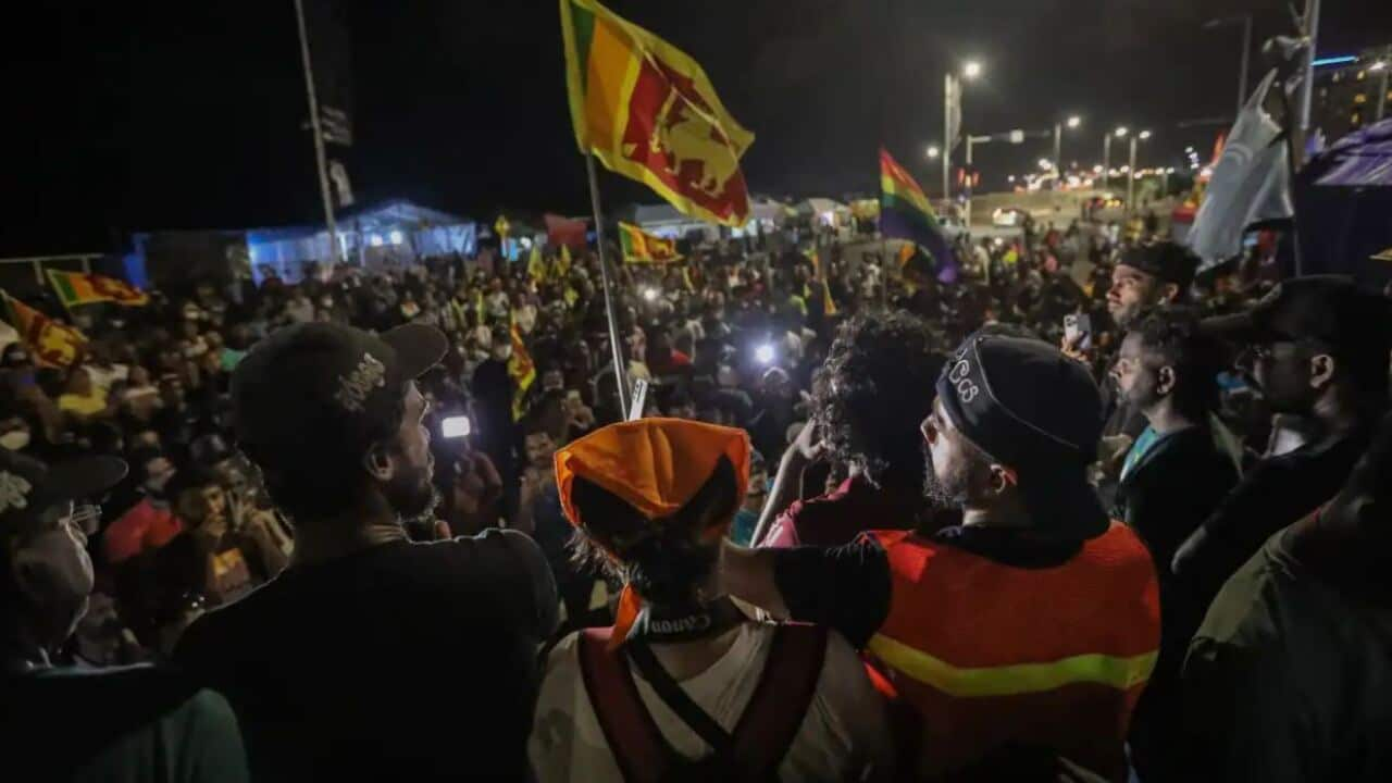 Protesters shout slogans outside the Presidential Secretariat in Colombo over the economic crisis in Sri Lanka.