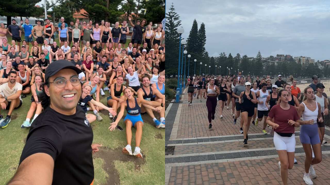 A composite image showing two photos of a running club. In the left image, people are sitting around on some grass and in the second they are running along a beachside promenade. 