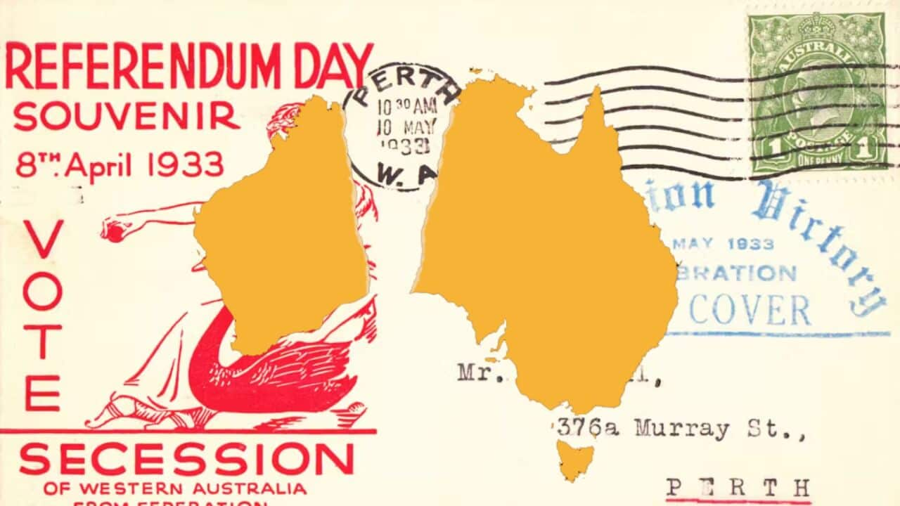 A referendum postcard and an outline of Australia ripped at western Australia. 