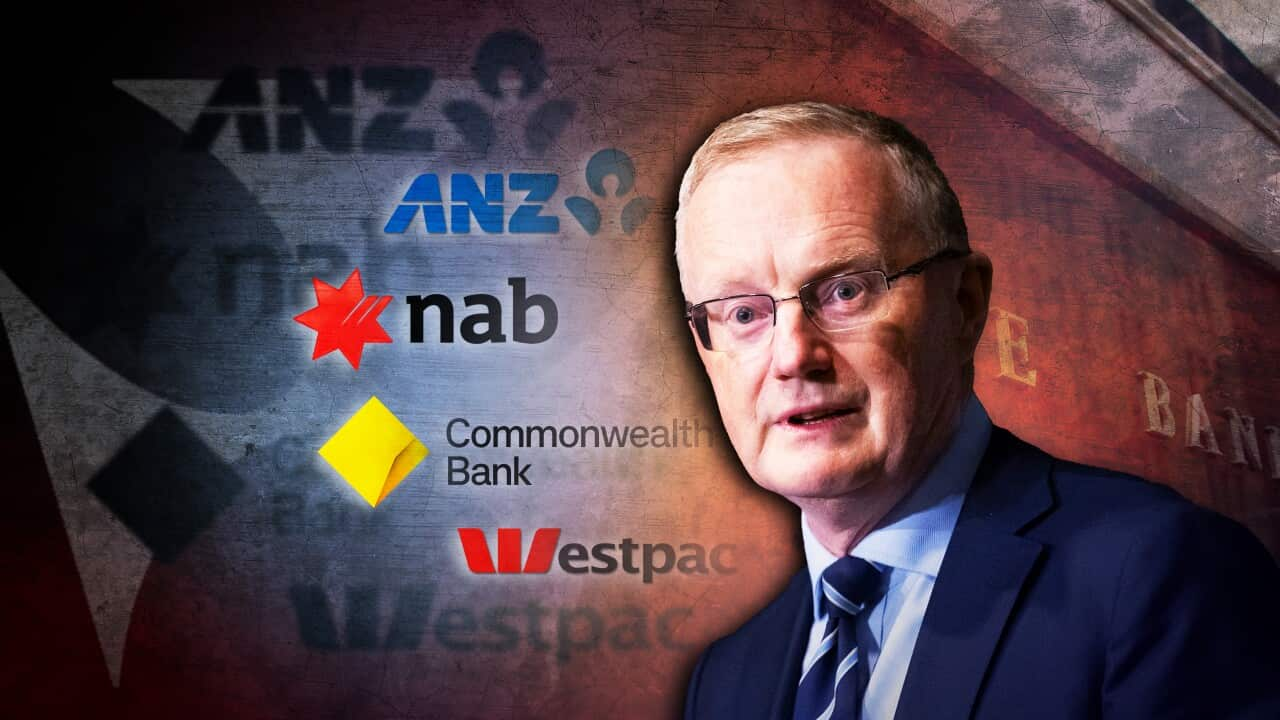 An image of Reserve Bank Governor Lowe next to the logos of the big four banks. 