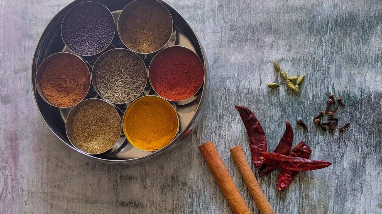 Indian spice tin or box, known as a masala dabba