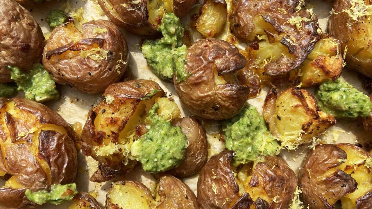 Smashed potatoes with watercress pesto