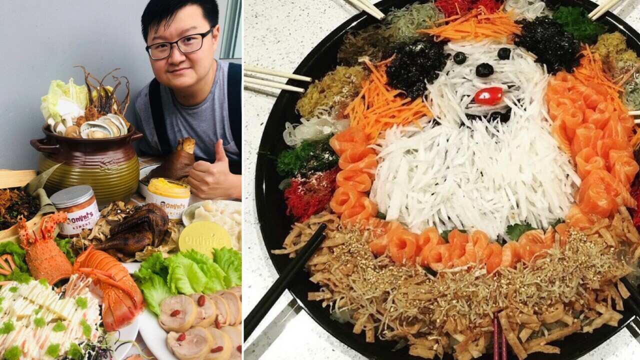 Omar Hsu with Lunar New Year dishes (L) and a version of the prosperity toss (R), which is common in Malaysia.