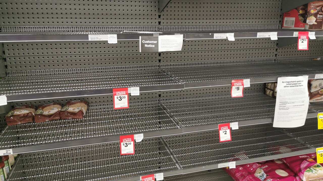 A view of Empty rice and food aisles shelves at a supermarket in Brisbane..Australian shops experiences shortage on some products such a rice, canned food, toilet paper and hand sanitizer. (Photo by Florent Rols / SOPA Images/Sipa USA)