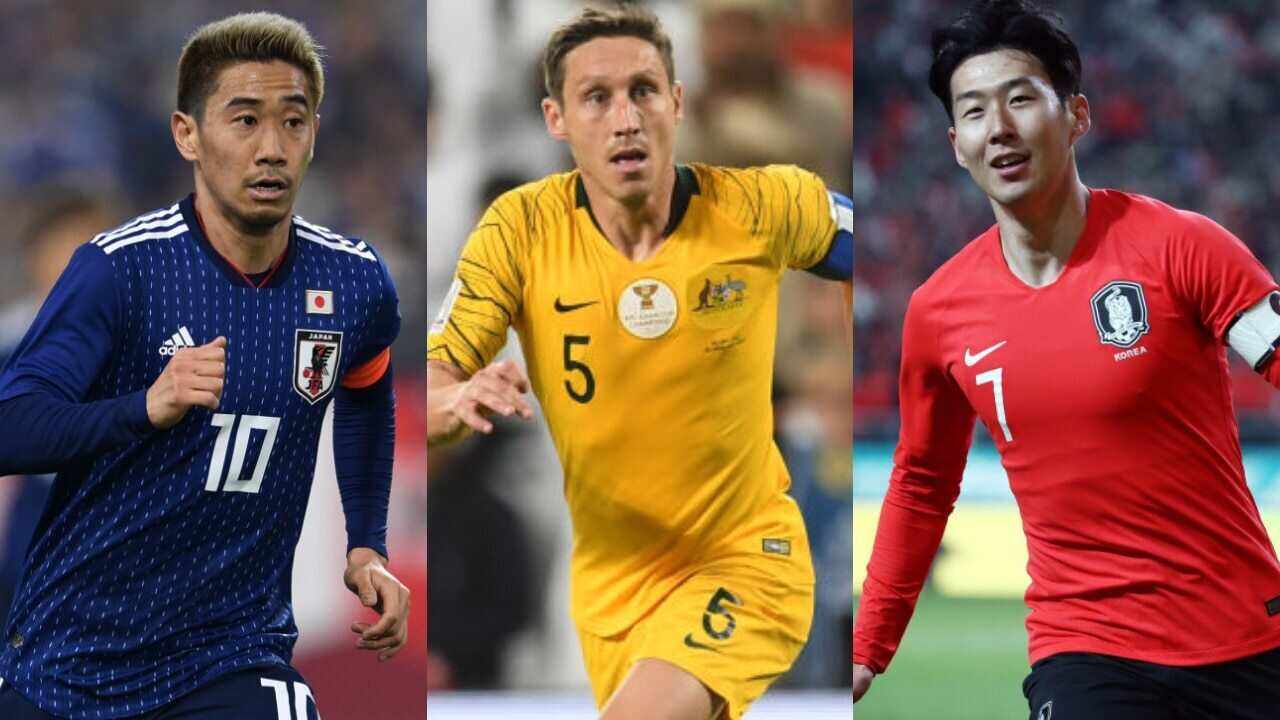 Japan's Shinji Kagawa, Australia's Mark Milligan, South Korea's Son Heung-min