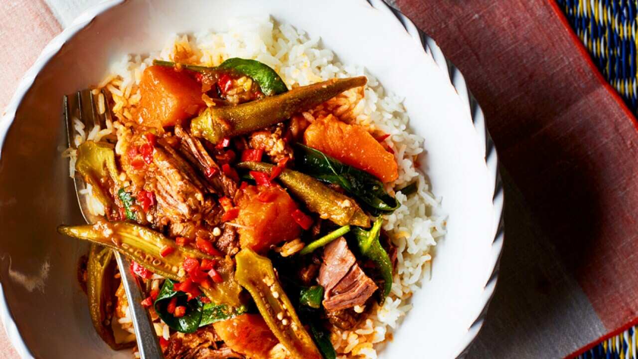 Slow-cooked lamb, sweet potato and okra stew