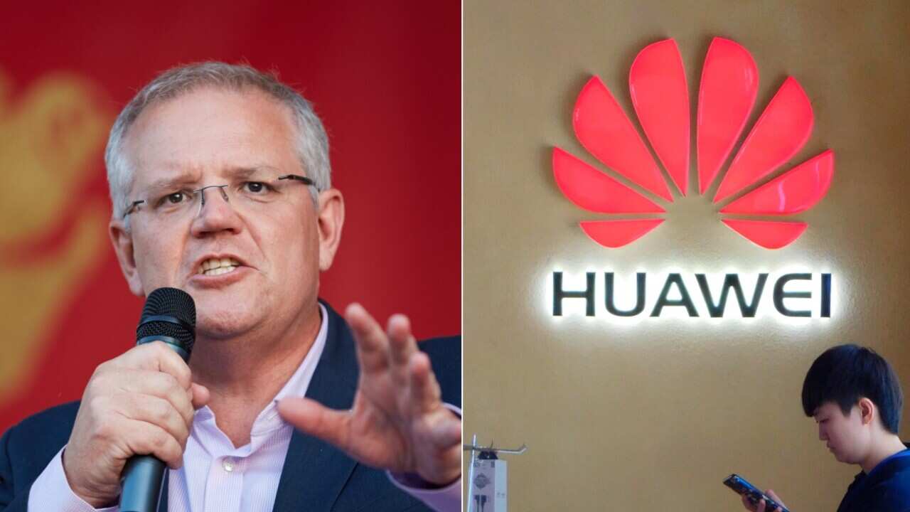 Combo imahe: Australian PM Scott Morrison and customers at a store of Huawei in Yunyang county, Chongqing, China.