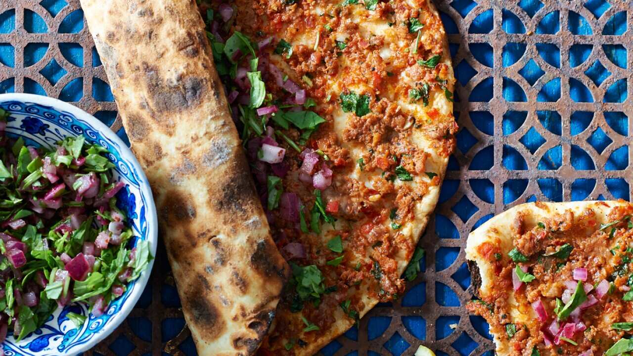 Thin-crust pide with spicy lamb topping